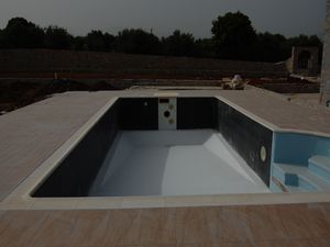 Swimming pool and tiled patio area.